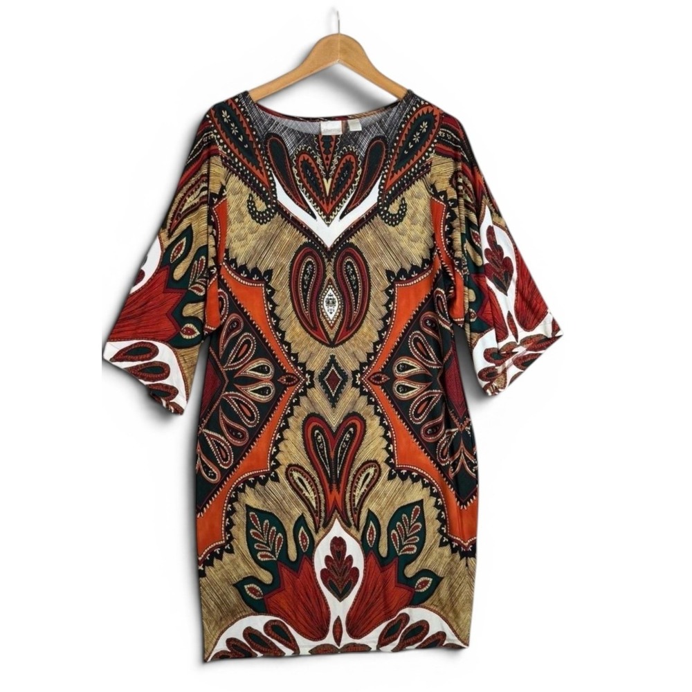 Chico's Empire Print Shift Dress Brown Orange Paisley Kimono Sleeve 3 NWT XL 16 - Picture 2 of 9